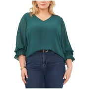 Vince Camuto Womens Blouson Flutter Sleeve Ruffled Blouse, Green, Plus Size, 2X